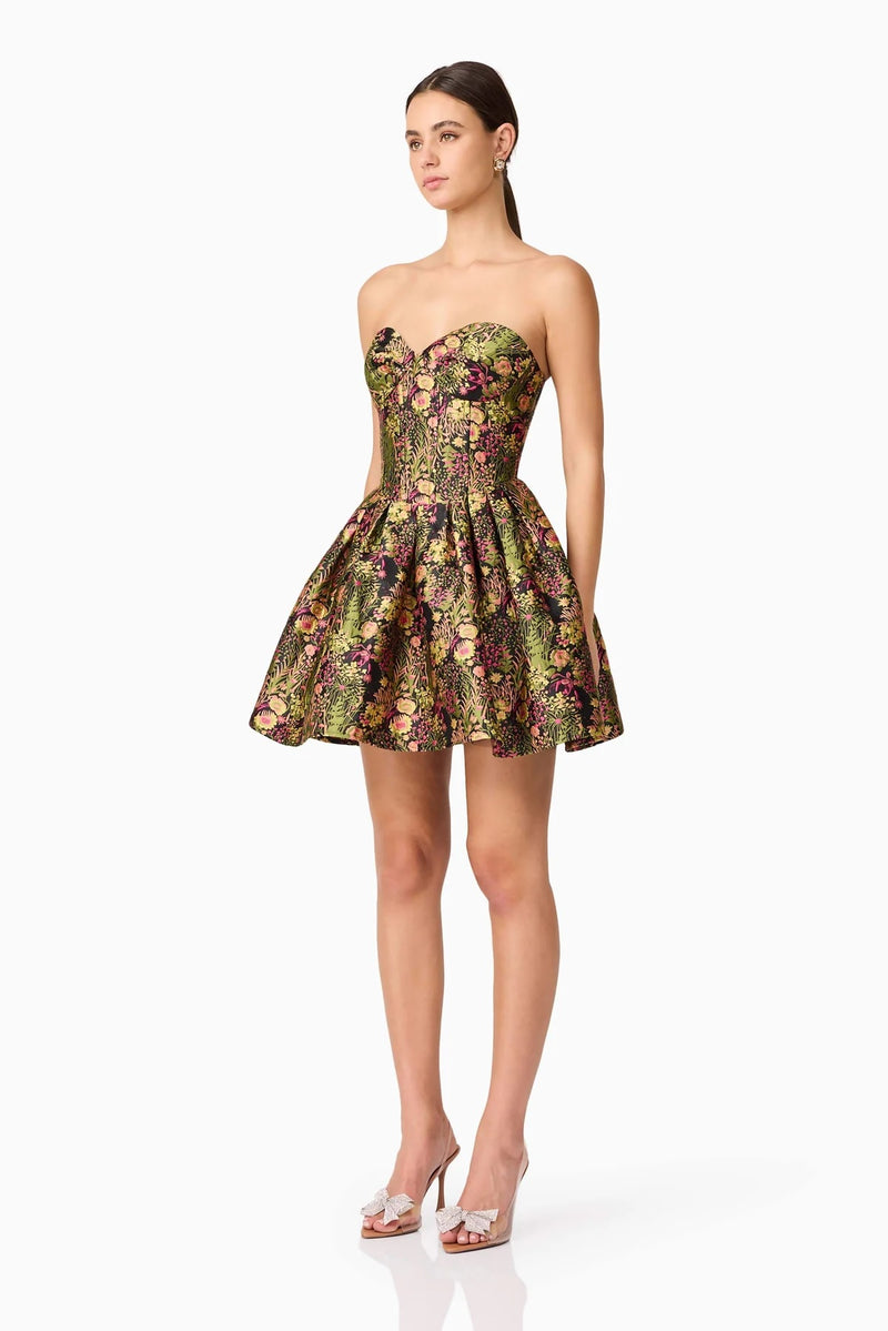 Jacquard Floral Strapless Mini Dress - Black Mix