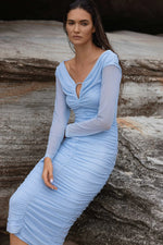 Off Shoulder Ruched Long Sleeve Midi - Tranquil Blue