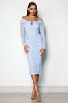 Off Shoulder Ruched Long Sleeve Midi - Tranquil Blue