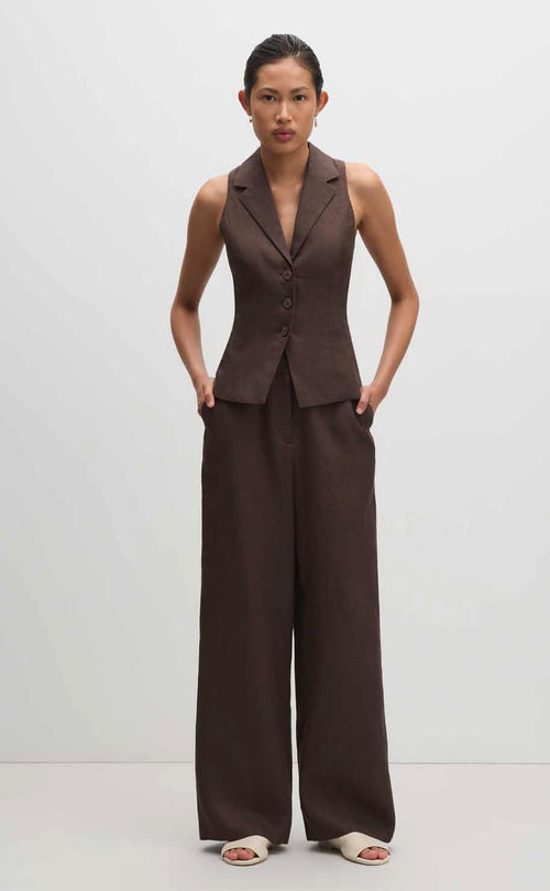 Linen Tailored High Waist Trousers - Bark
