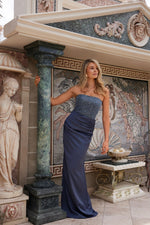 Strapless Embellished Bodice Gown - Charcoal Blue
