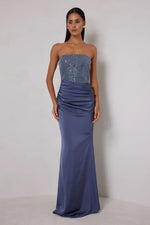 Strapless Embellished Bodice Gown - Charcoal Blue