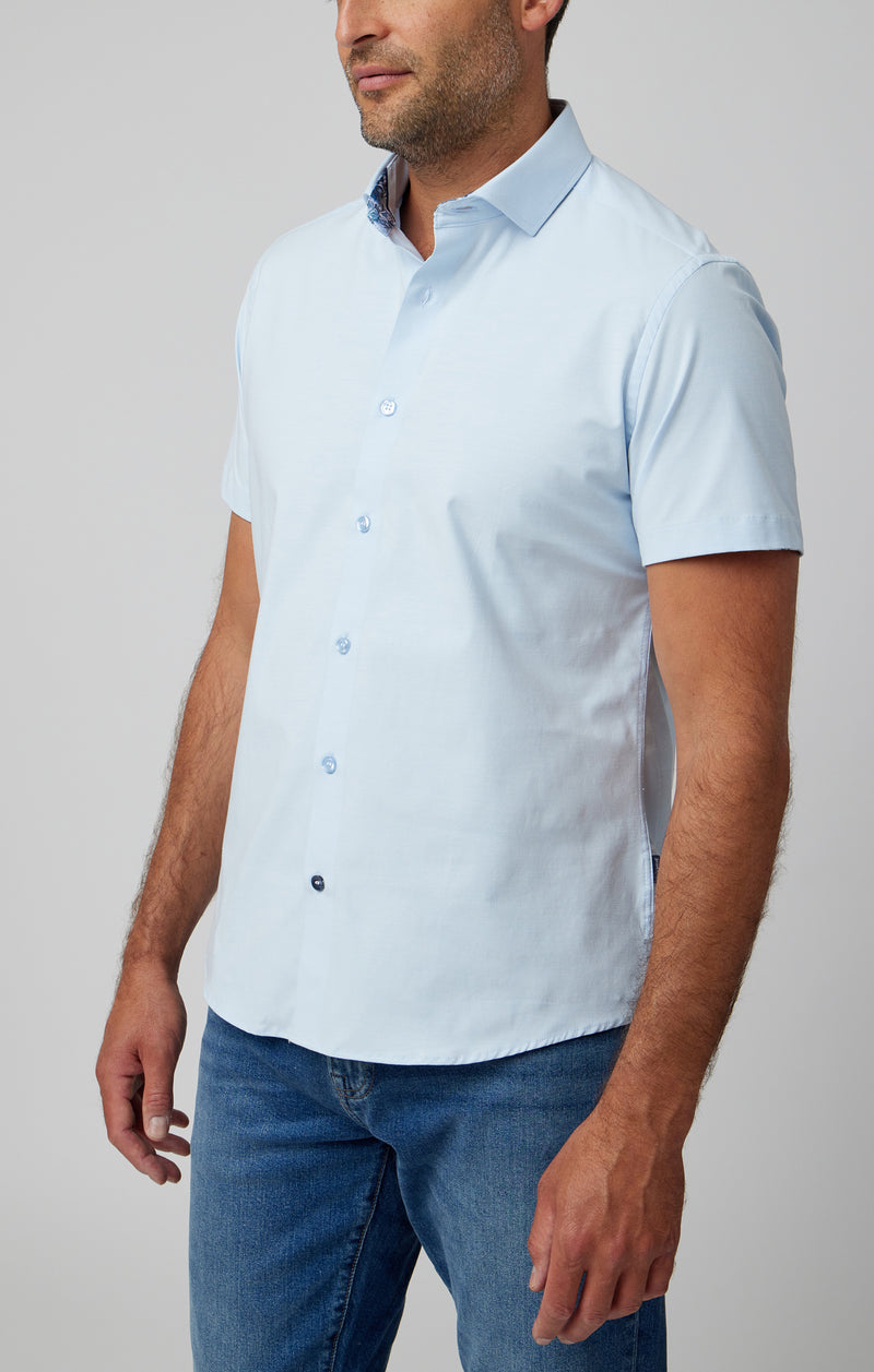 Solid Twill Short Sleeve Shirt with Cuff Trim - Light Blue
