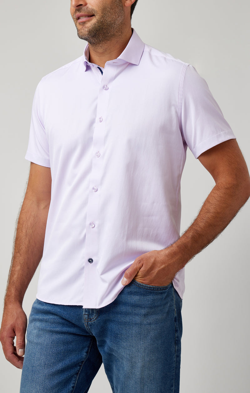 Solid Twill Short Sleeve Shirt with Cuff Trim - Lavender