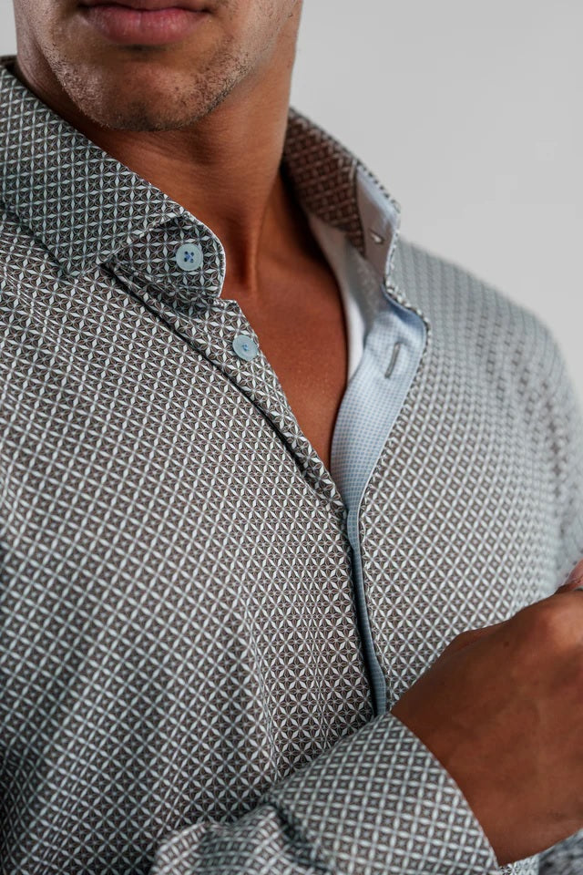Performance Stretch Diamond Geo Long Sleeve Shirt - Taupe
