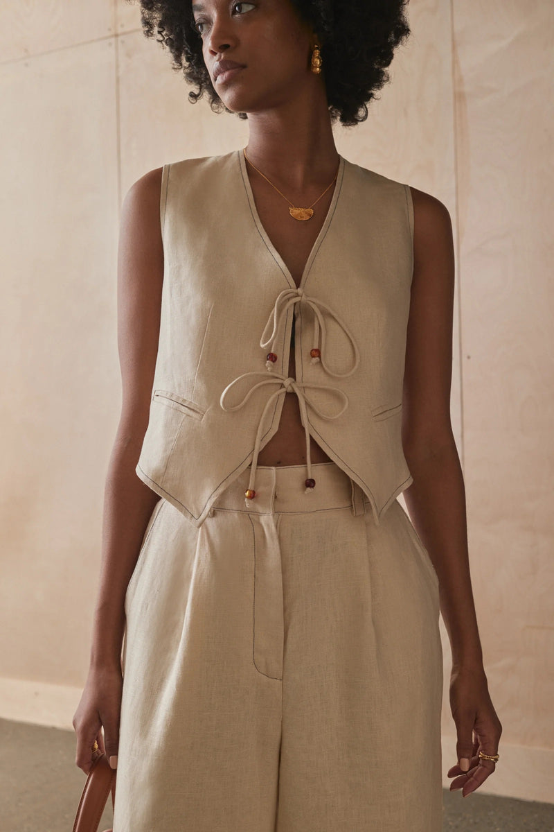 Linen Tie Front Vest - Dew