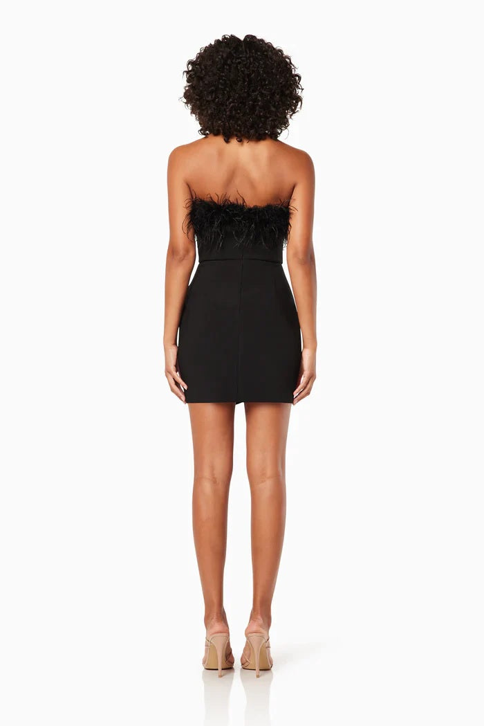 Feather Trim Strapless Mini Dress - Black