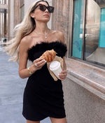 Feather Trim Strapless Mini Dress - Black