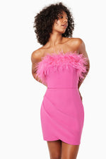 Feather Trim Strapless Mini Dress - Hot Pink