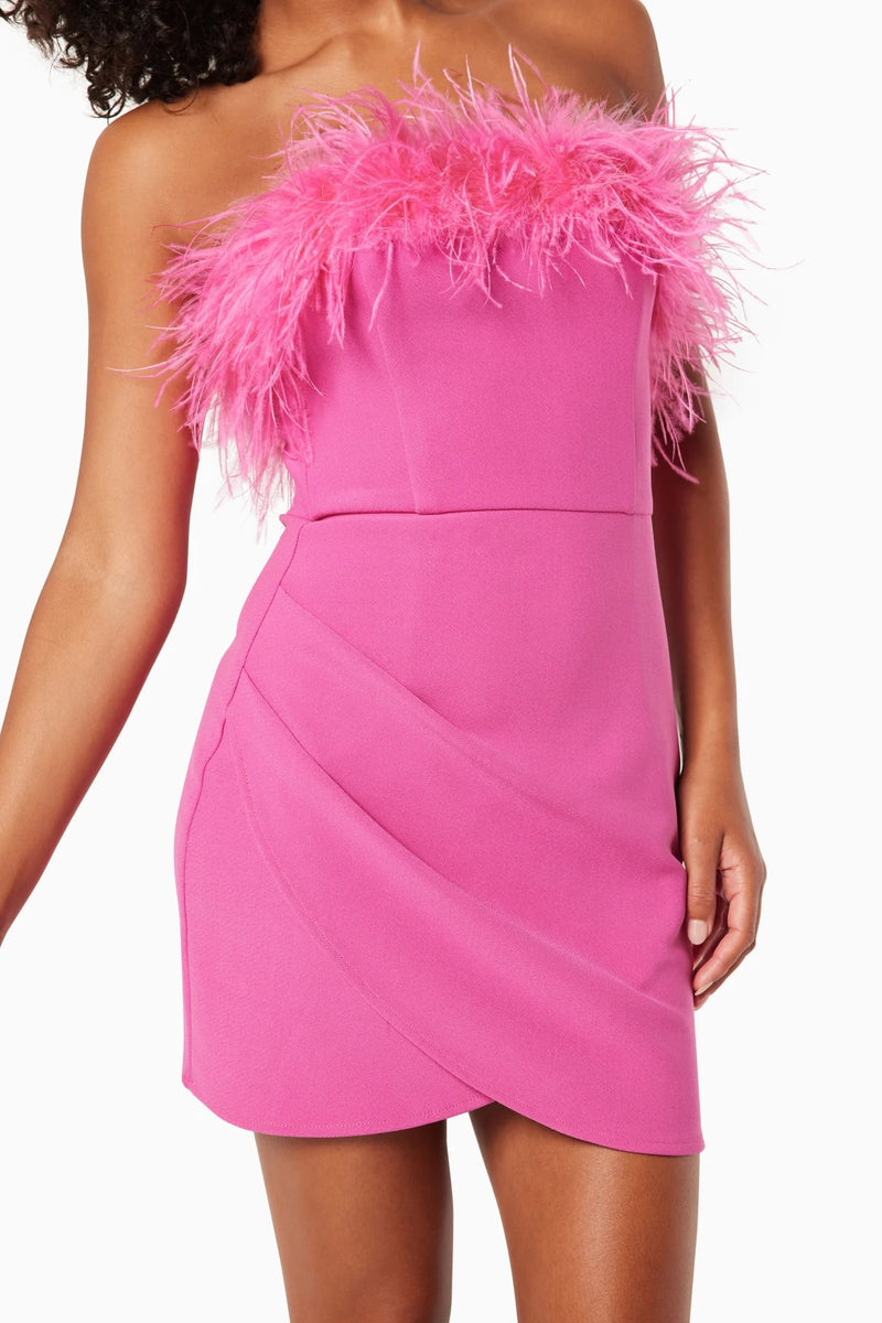 Feather Trim Strapless Mini Dress - Hot Pink