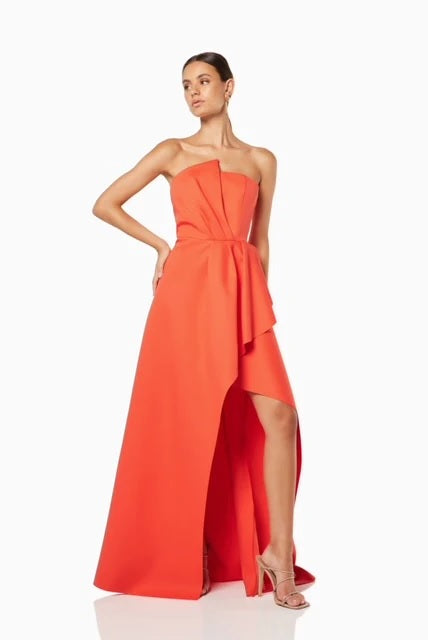 Pleated Bodice Strapless Gown - Orange