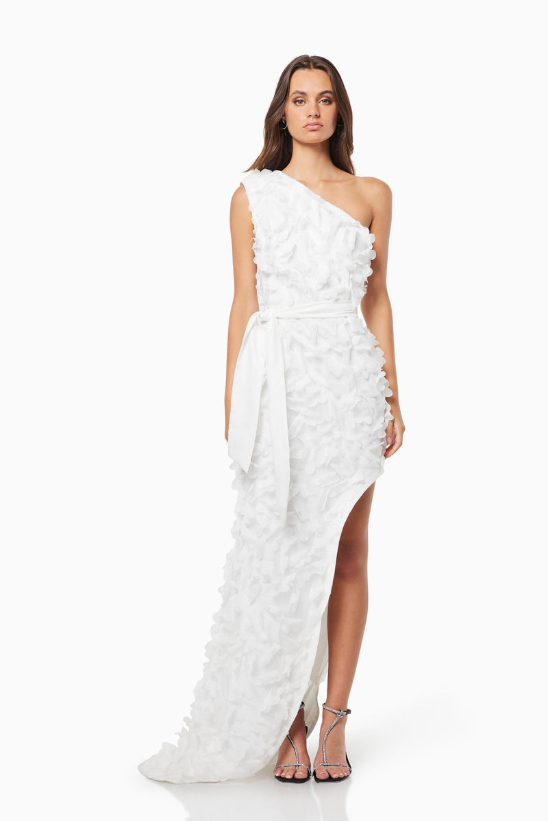 Mesh Floral Asymmetrical Hem Gown - Ivory