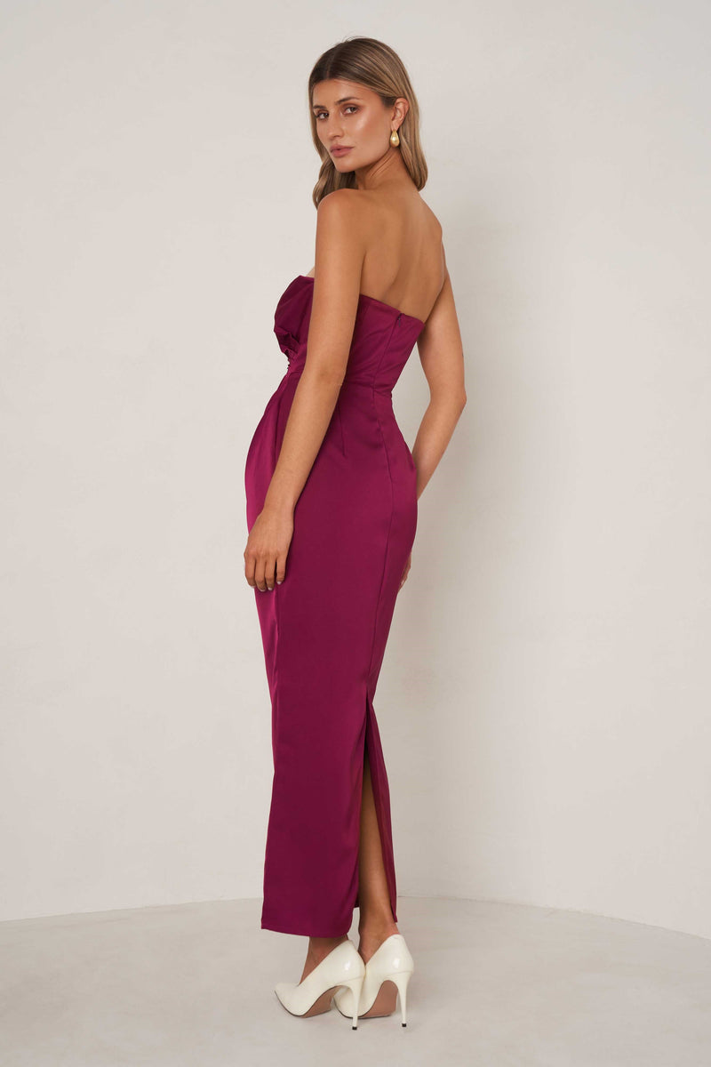 Strapless Satin Ruched Gown - Plum dolce MODA Strapless Satin Ruched Gown - Plum dolce MODA