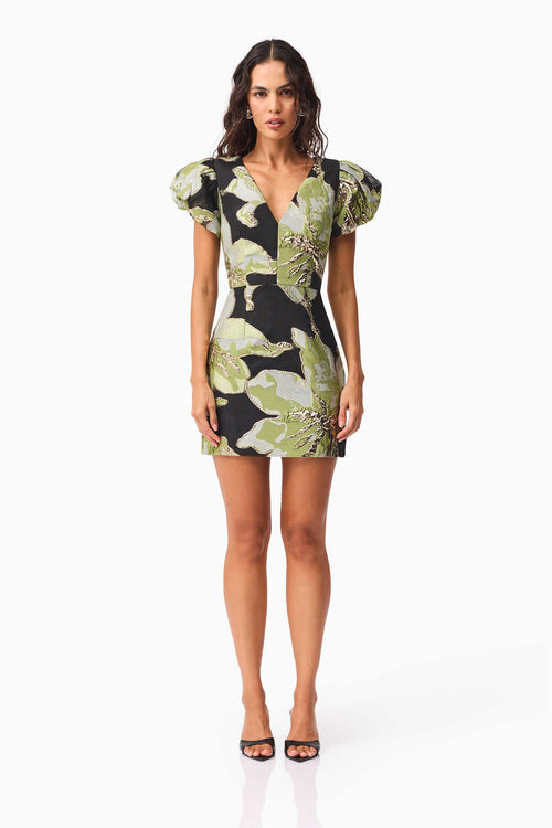 Jacquard Floral Cap Sleeve Mini - Green/Black