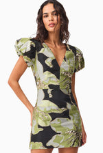 Jacquard Floral Cap Sleeve Mini - Green/Black