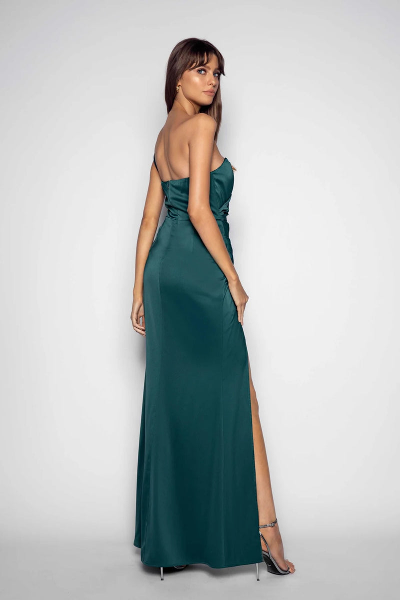One Shoulder Ruched Gown - Deep Green