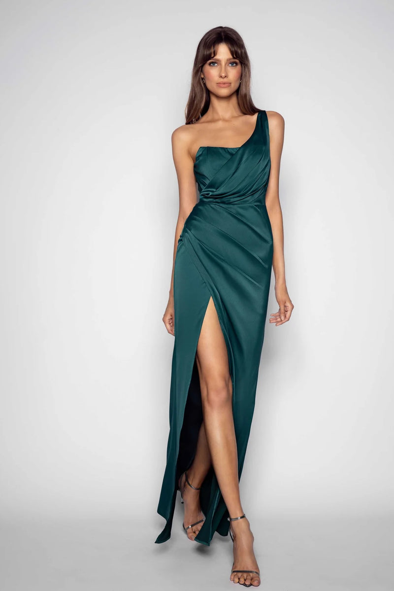 One Shoulder Ruched Gown - Deep Green