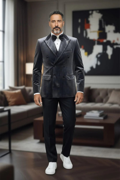 Double-Breasted Velvet Dinner Jacket - Charcoal/Black