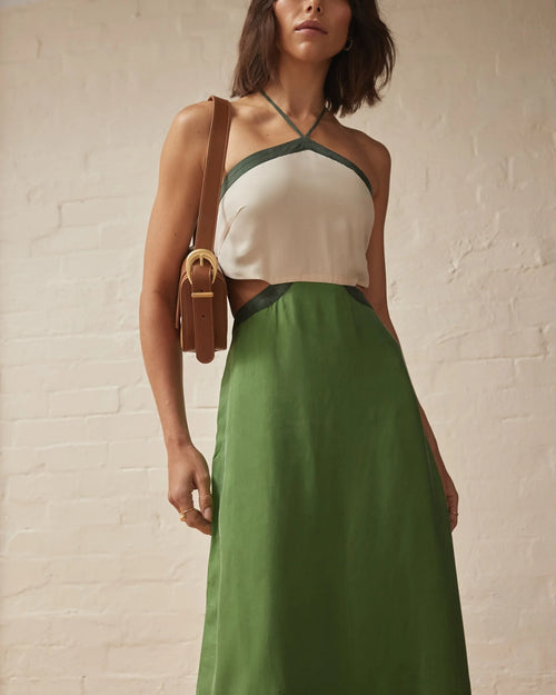 Cut-Out Colorblock Halter Dress - Green