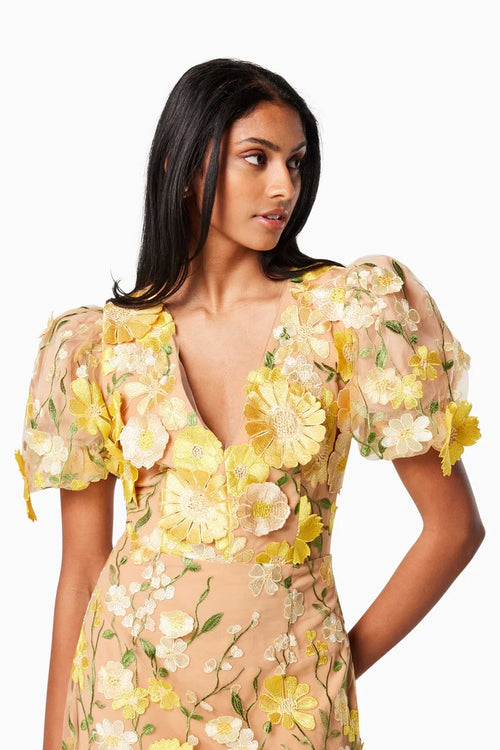 Floral Applique Midi Dress - Yellow
