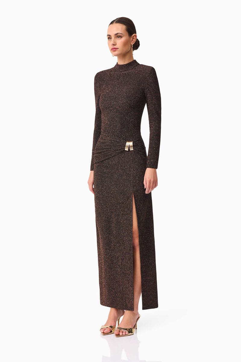 Metallic Jersey Long Sleeve Gown - Black/Gold