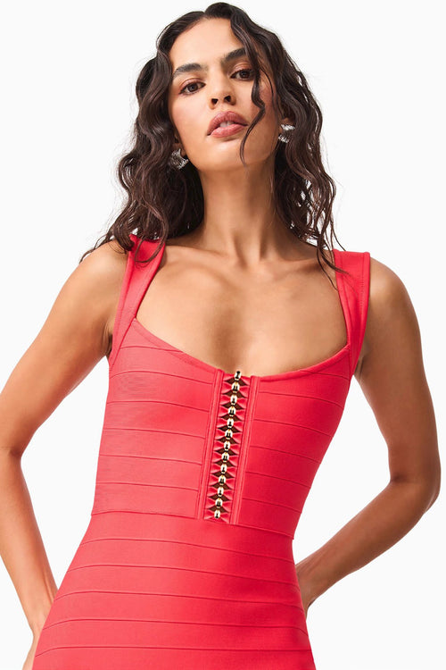 Fitted Stretch Knit Dress with Beaded Detailing - Coral