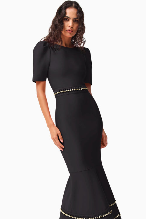 Stretch Knit Cap Sleeve Gown with Beaded Trim - Black
