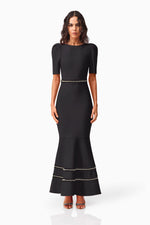 Stretch Knit Cap Sleeve Gown with Beaded Trim - Black