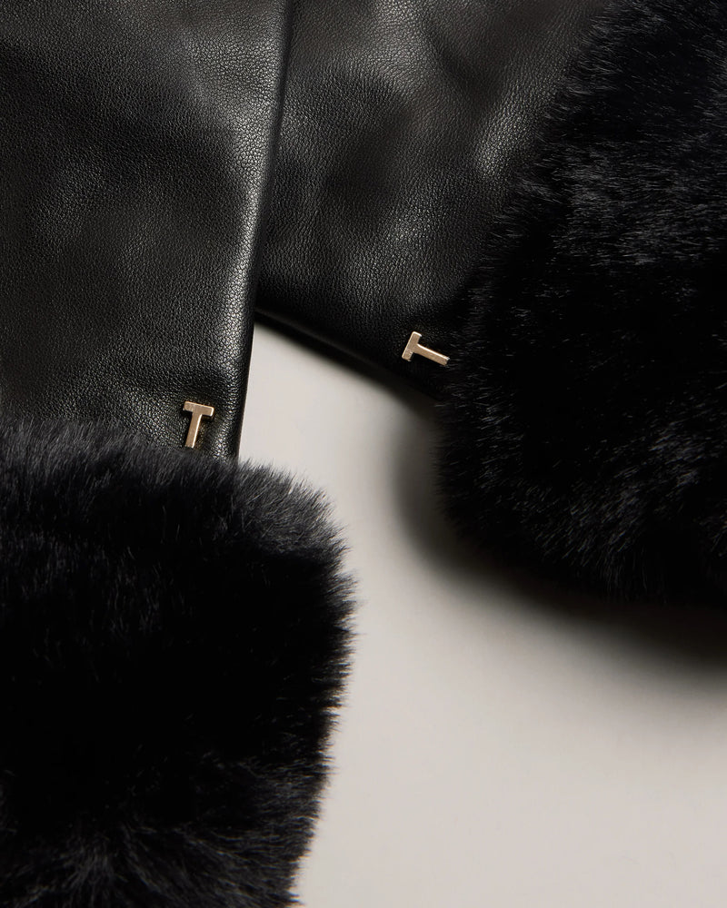 Faux Fur Cuff Leather Gloves - Black