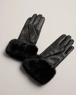 Faux Fur Cuff Leather Gloves - Black
