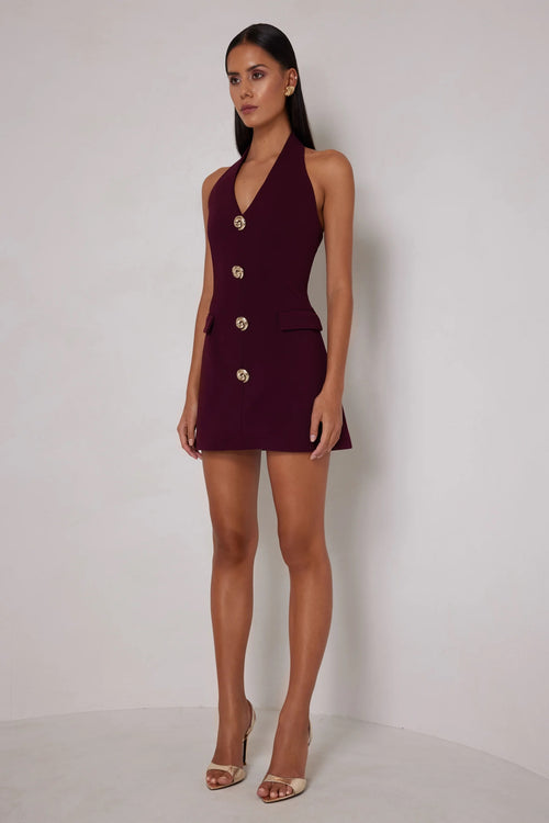 Tailored Halter Mini Dress - Deep Plum