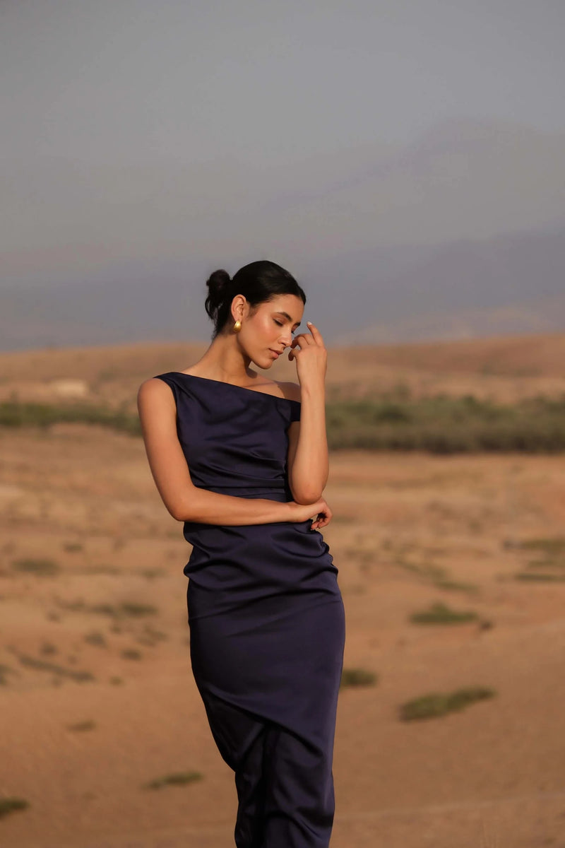 Asymmetrical Off Shoulder Gown - Midnight Blue
