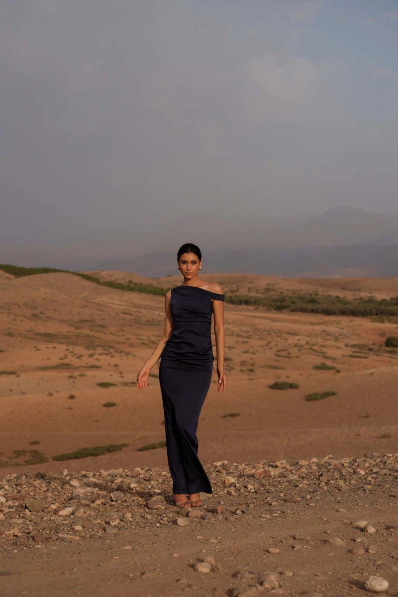 Asymmetrical Off Shoulder Gown - Midnight Blue