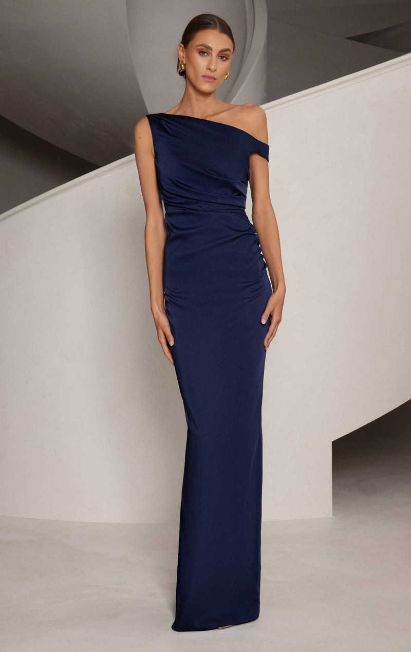 Asymmetrical Off Shoulder Gown - Midnight Blue