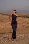 Asymmetrical Off Shoulder Gown - Midnight Blue