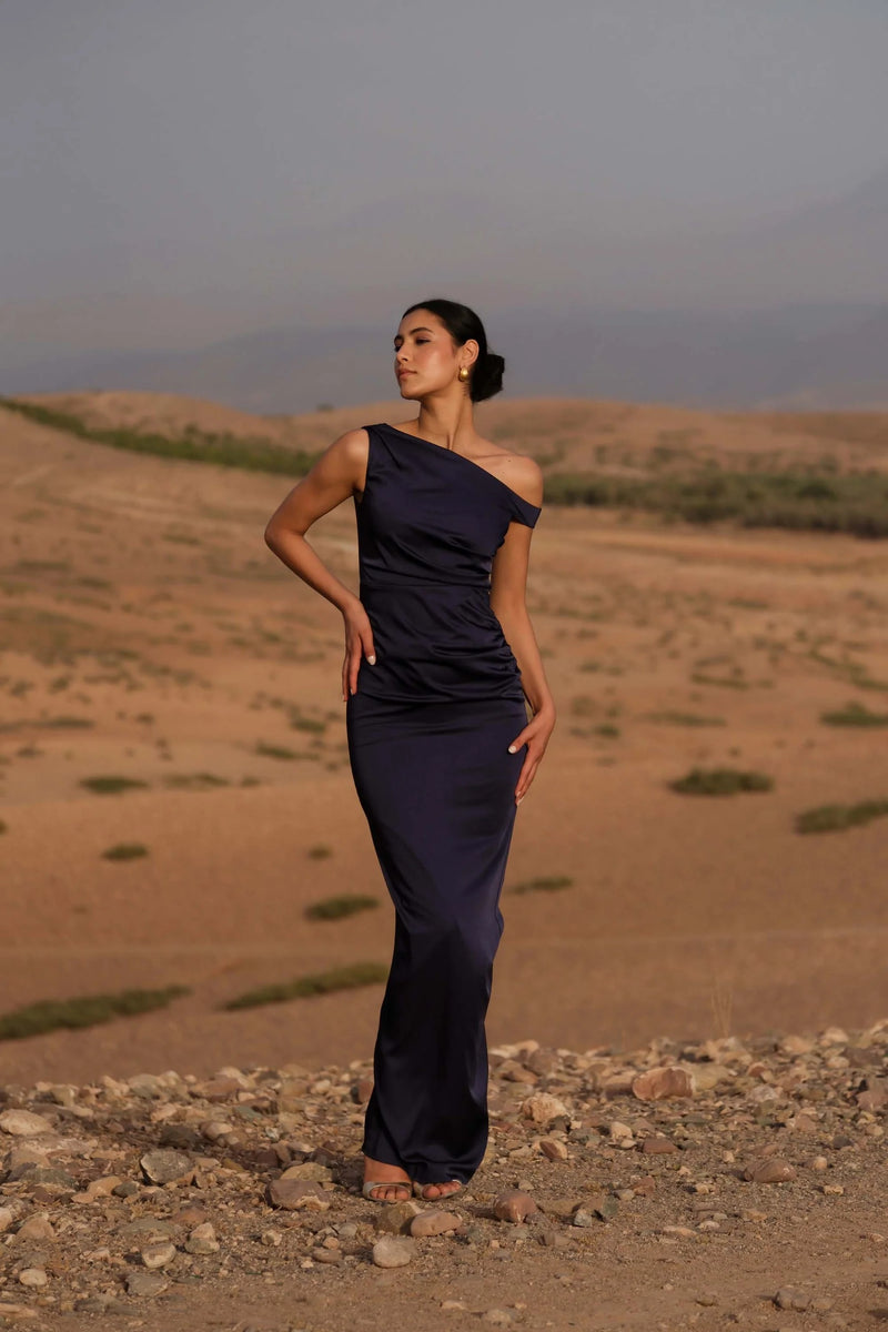 Asymmetrical Off Shoulder Gown - Midnight Blue