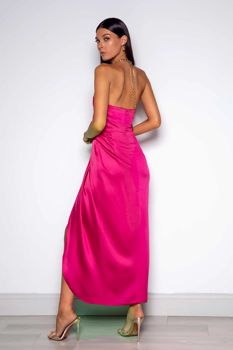 Chain Halter Satin Maxi Dress - Pink