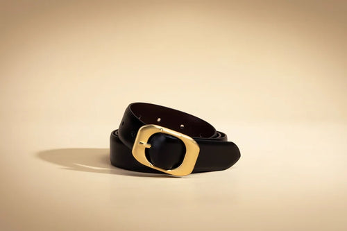 Leather Belt with Elongated Buckle - Black