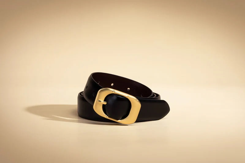 Leather Belt with Elongated Buckle - Black