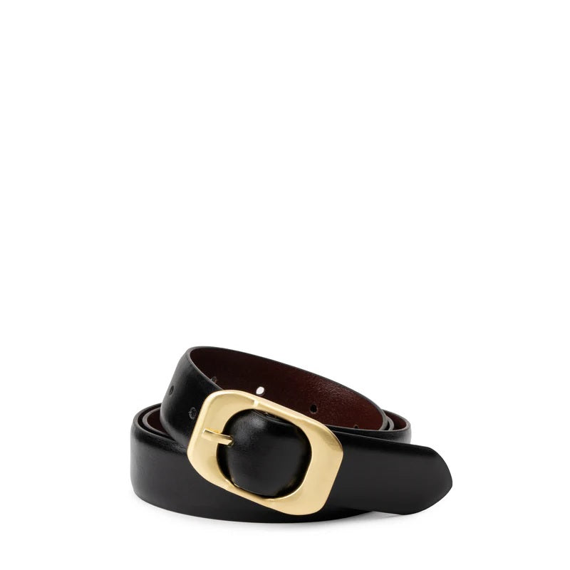 Leather Belt with Elongated Buckle - Black