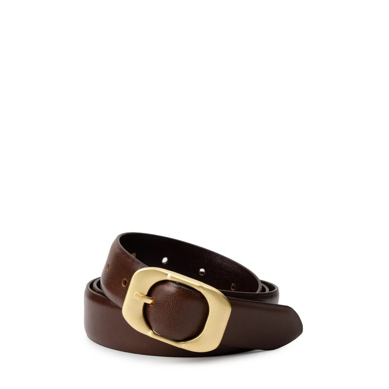 Leather Belt with Elongated Buckle - Cocoa