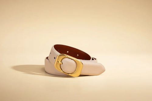 Leather Belt with Elongated Buckle - Ecru