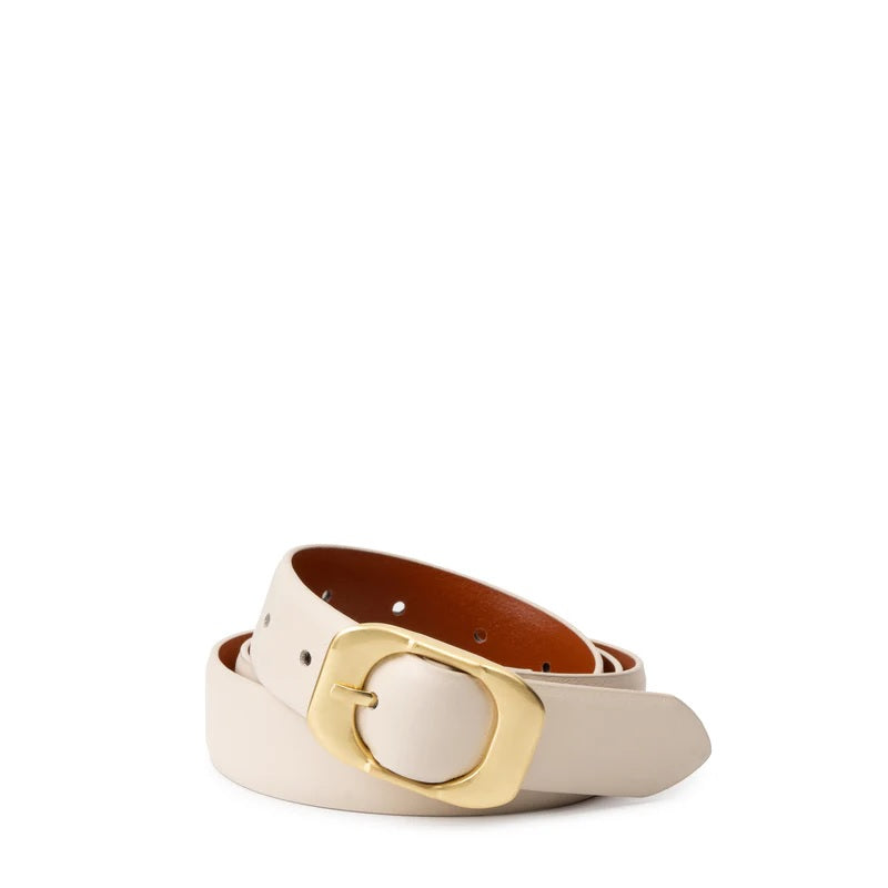 Leather Belt with Elongated Buckle - Ecru