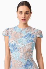 Embellished Floral Cap Sleeve Midi Dress - Blue