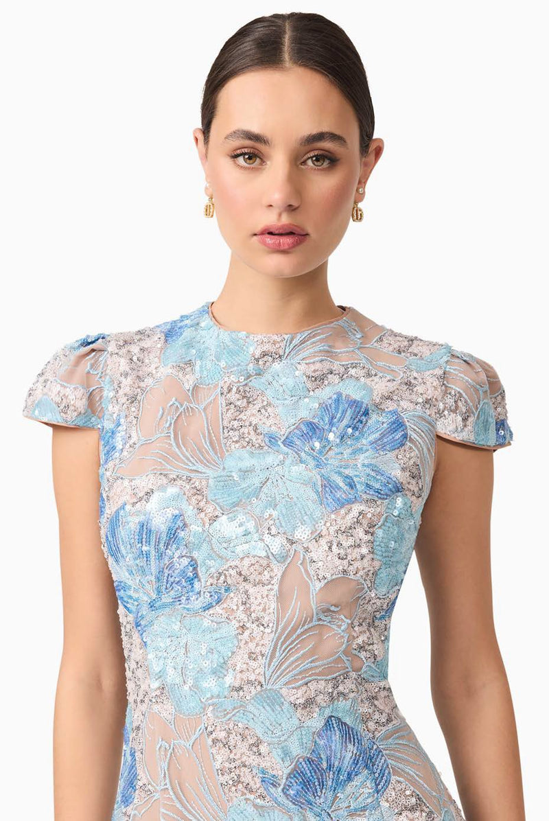 Embellished Floral Cap Sleeve Midi Dress - Blue