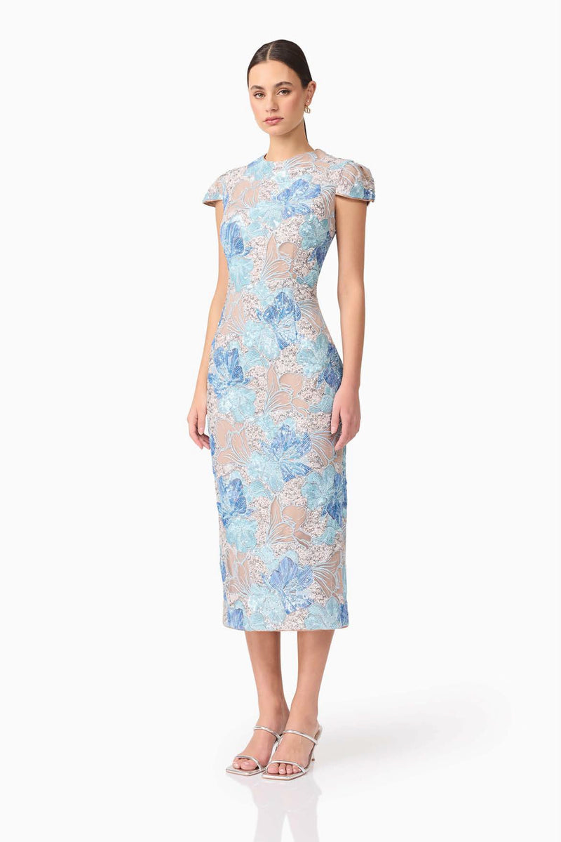 Embellished Floral Cap Sleeve Midi Dress - Blue
