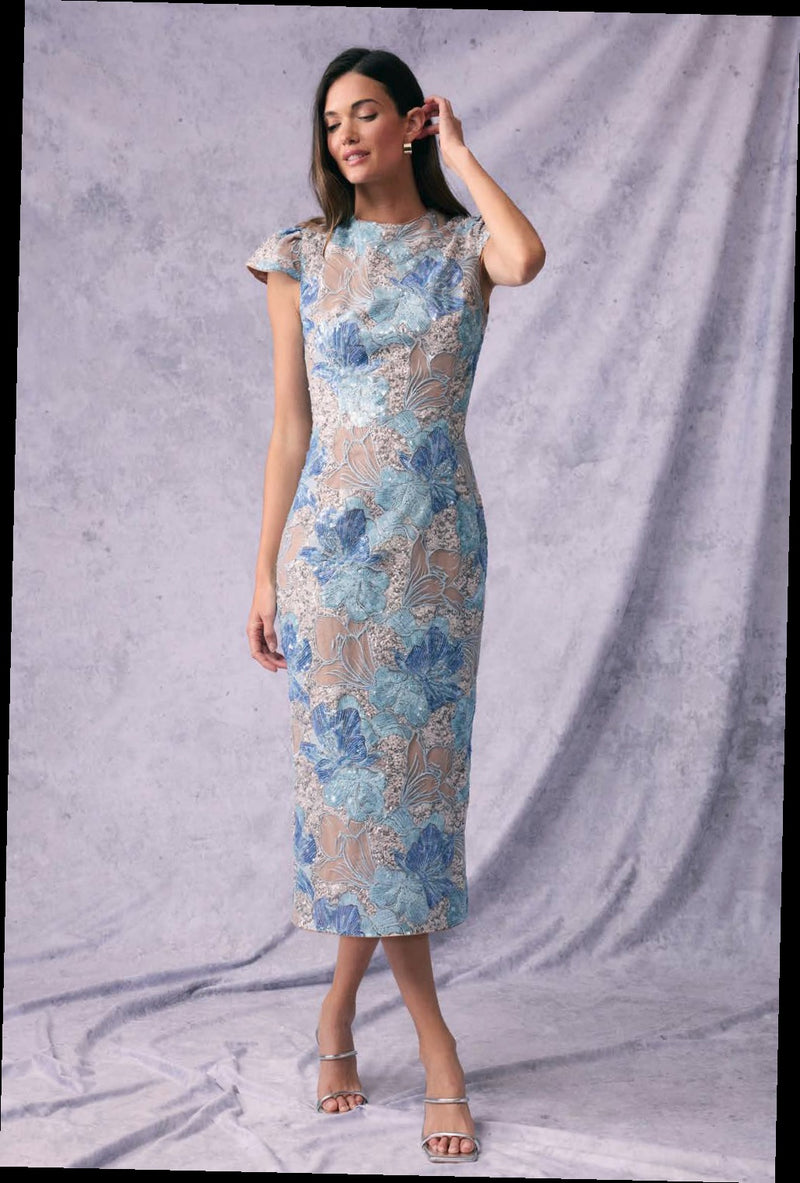 Embellished Floral Cap Sleeve Midi Dress - Blue