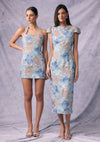 Embellished Floral Cap Sleeve Midi Dress - Blue