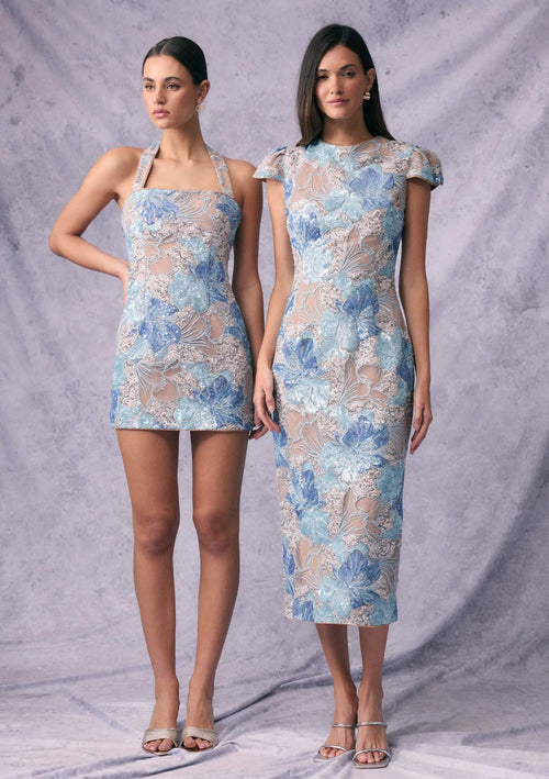 Embellished Floral Cap Sleeve Midi Dress - Blue