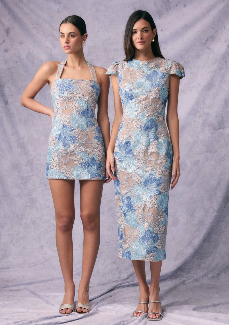 Embellished Floral Cap Sleeve Midi Dress - Blue